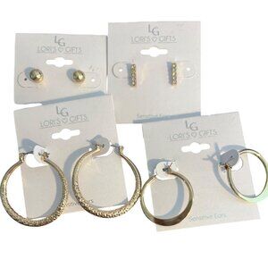 4 Pair Lori's Gift Gold Tone Earrings Hoops Studs Rhinestones Sensitive Ears NEW